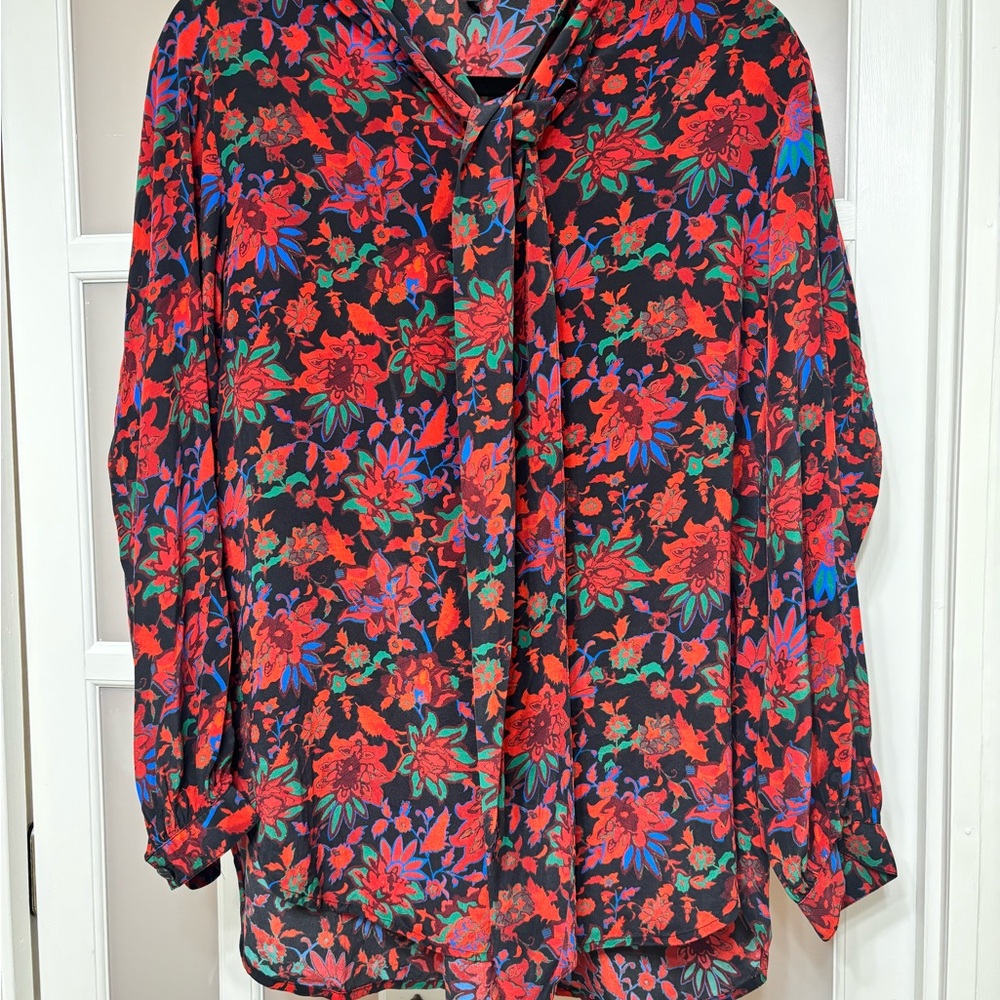 Rag & Bone Emily Floral Tie-Neck Blouse Black Red Blue Size Small View 3